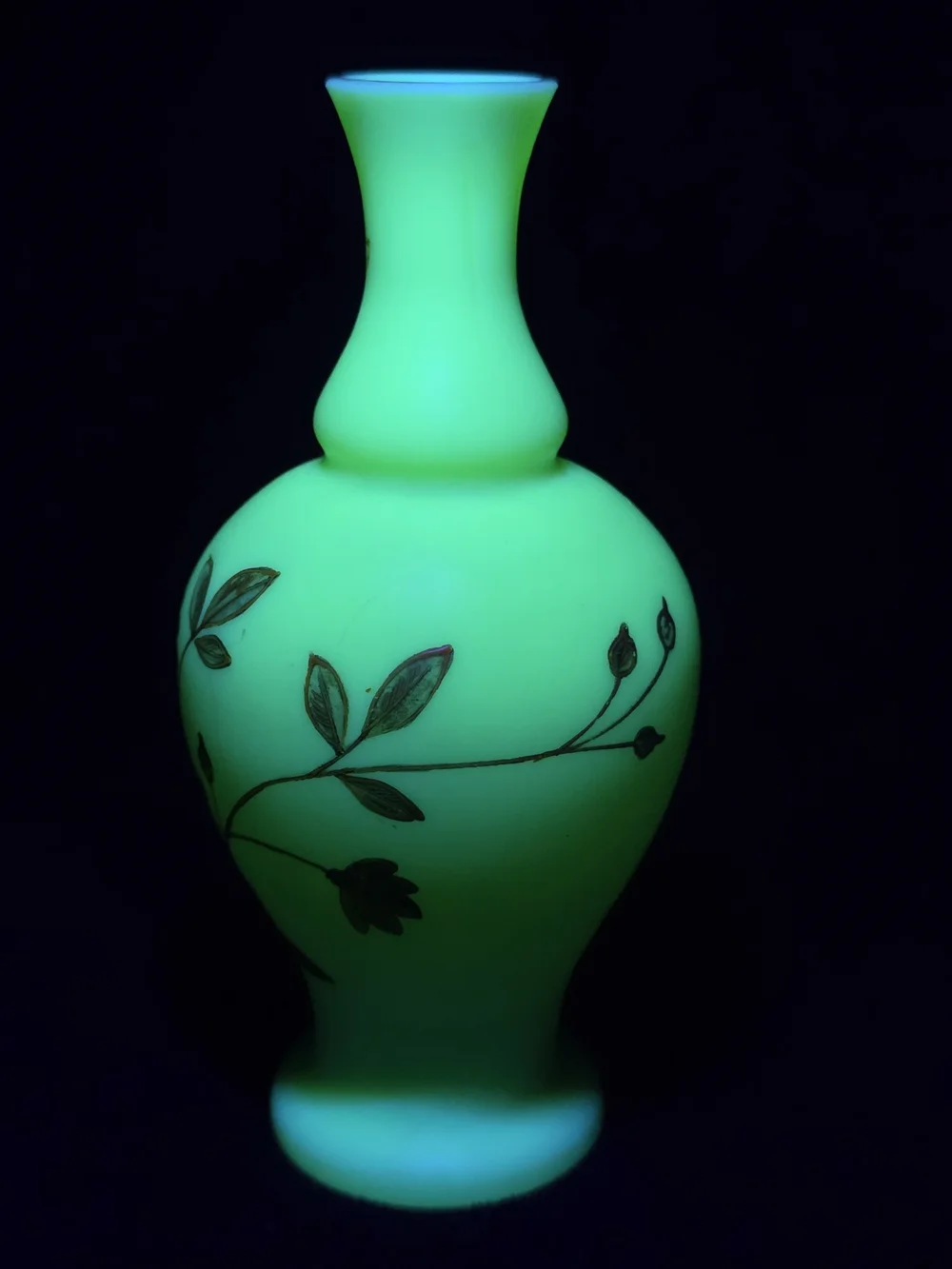 Bohemian Harrach Uranium Glass Vase – Fine Wildflower Enamel, c. 1880s